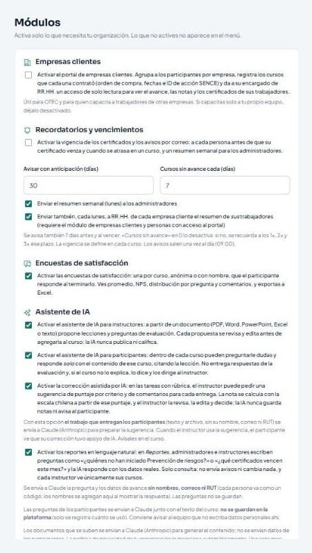 Pantalla de módulos