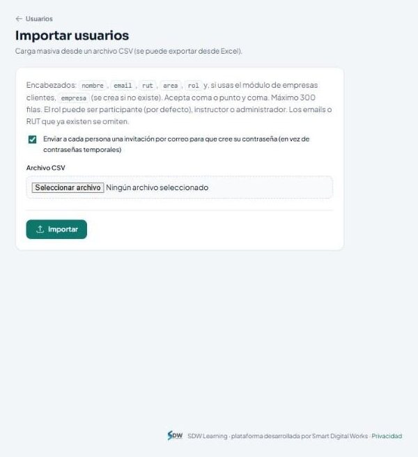 Pantalla para importar usuarios