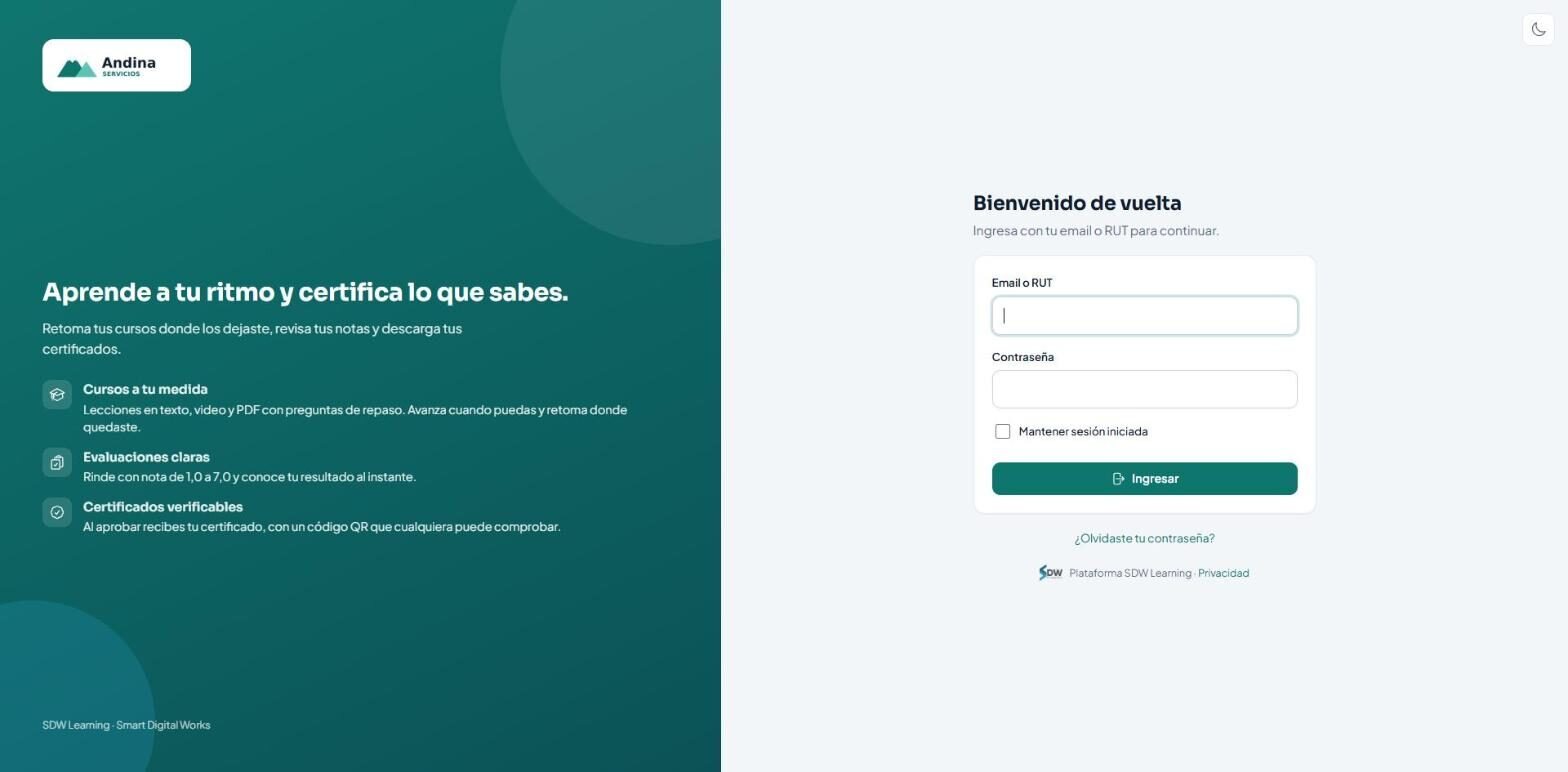 Pantalla de ingreso de la plataforma