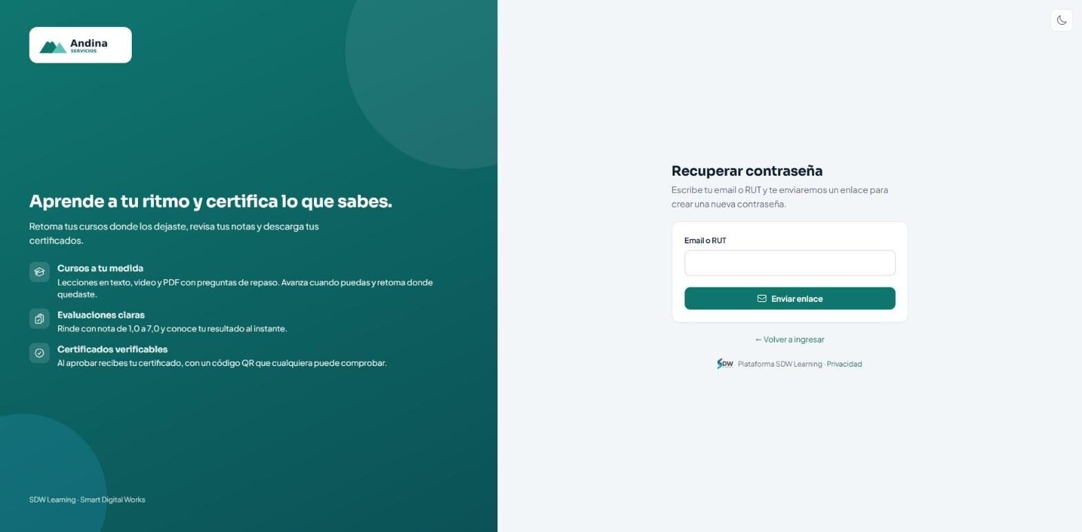 Pantalla para recuperar la contraseña