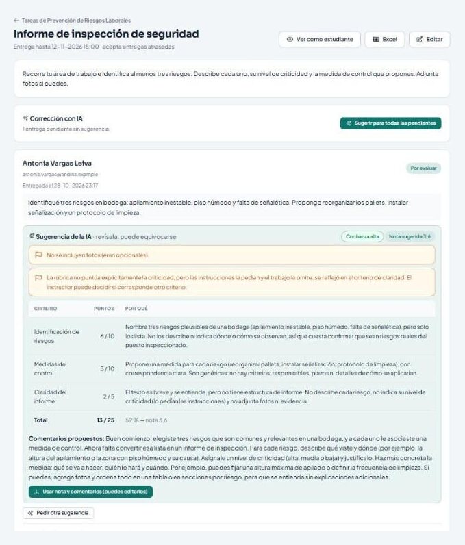 Sugerencia de la IA para una entrega